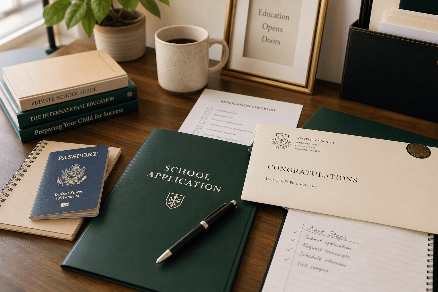 Organized school admission documents on a desk