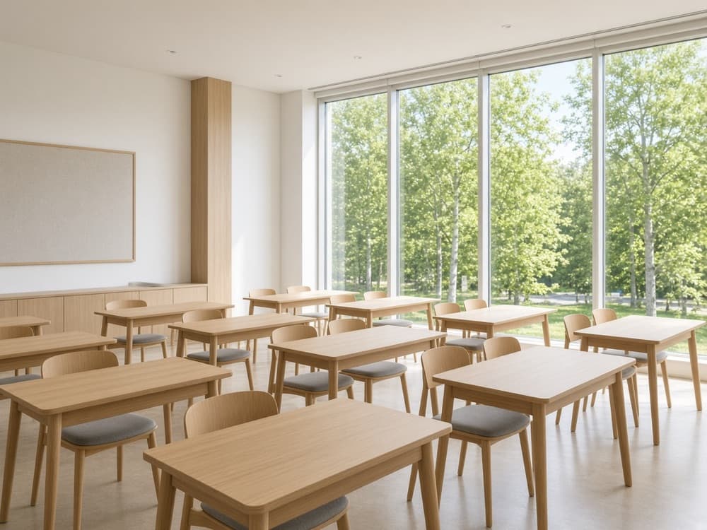 Sunlit classroom with wooden desks and large windows